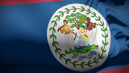 Close-up view of Belize national flag fluttering in the wind.