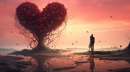 A heart created with interconnected hearts as a couple's silhouette walks toward the horizon