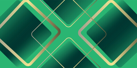 Dark green abstract background with gold lines and shadow. Geometric shape overlap layers. Transparent squares.