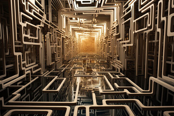 A futuristic sunlit metal maze in the form of a long corridor consisting of small metal cells