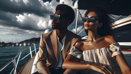 Obraz na płótnie Canvas An African American couple in sunglasses sitting on a yacht, looking away while enjoying a summer day, set against a blurred dark sky.