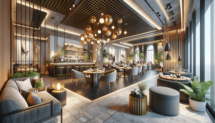 Fototapeta na wymiar 3D render of a modern cafe restaurant, showcasing stylish interior design and a cozy atmosphere. 