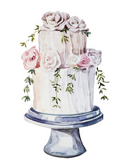 Wedding cake. Watercolor birthday cake painting. Dessert illustration isolated on white. Backery design,. Pastry concept clipart.