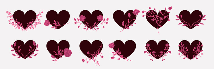 Set of hearts with hand drawn flowers. Collection of decoration elements for Valentine's Day. Elegant romantic love symbol. Vector illustration on white background