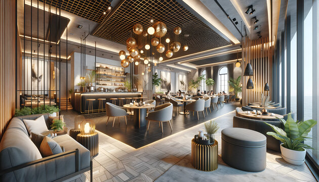 3D render of a modern cafe restaurant, showcasing stylish interior design and a cozy atmosphere. 