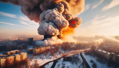 A billowing smoke cloud engulfs the skyline, signaling an emergency in a snowy urban environment. - obrazy, fototapety, plakaty