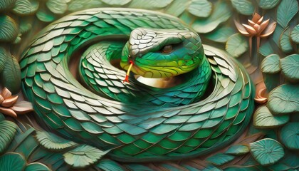 Obraz premium Sculpted Serenity: Emerald Serpent of Prosperity, Wooden Art for Chinese New Year, with Copy Space, AI Generated