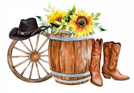 Wheel ,barrel with sunflowers and cowboy boots. Watercolor hand painted rodeo theme design. Countryside living at Texas themed illustration. Leather ranch boots.