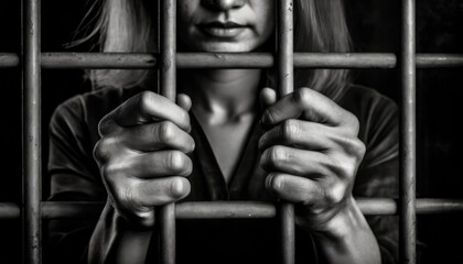 Trapped woman prisoner behind iron bars. Sad adult girl holding a steel cage. Black and white photography. Close-up of hands.