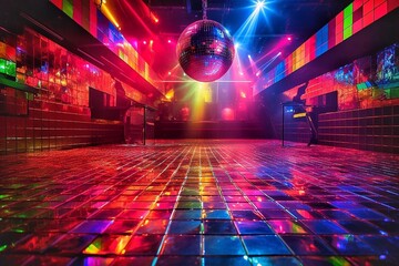 Night club interior with neon lights. Disco ball above the dance floor in a modern club