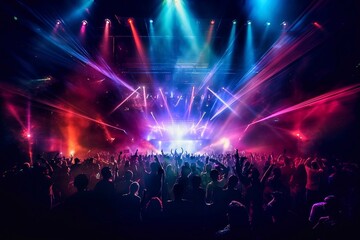 Concert crowd in front of bright stage lights with smoke and laser show
