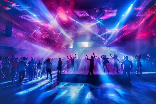 Fototapeta Colorful night club with people dancing and having fun on dark background