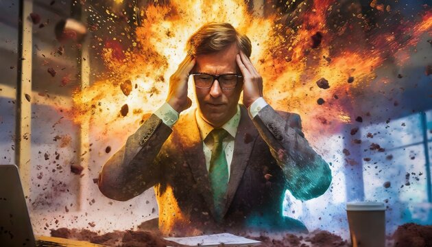 Exhausted young businessman holding his head with hands due to headache and stress. Overworked worker feels strain. Concept of excessive load on the brain. Fatigue and panic attack, computer syndrome.