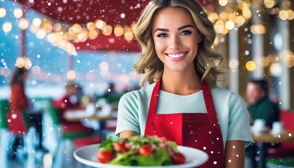 Joyful female waiter serves a vegan dish in restaurant on decorated Christmas party background....