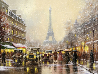 Paintings landscape, artwork, fine art. Winter in Paris, a beautiful old street,  the Eiffel Tower in the distance. Completely fictional plot.