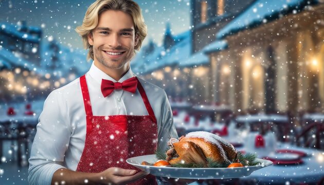 Smiling waiter serves citrus glazed roasted turkey on platter. Festive family diner on Thanksgiving Day in a restaurant. Beginning of the holiday season, leading up to Christmas and New Year's.