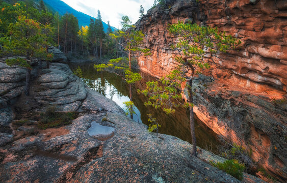 Karkaralinsk natural park in Kazakhstan. Beautiful lake in the layer mountains in Kazakhstan