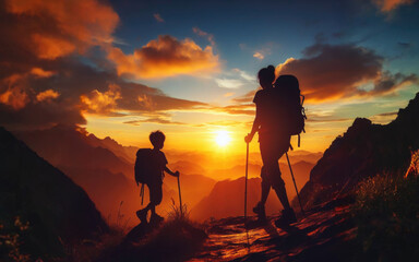 Mother and son watching the sunset at the mountains.