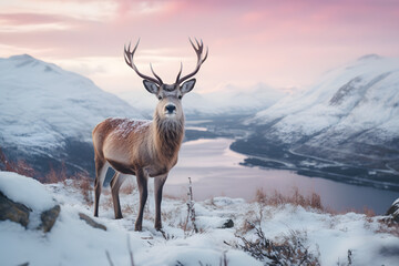 Majestic deer standing on a snowy hill with lake in the background