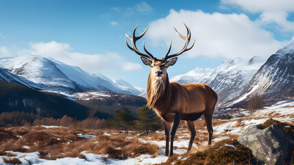 Majestic red deer stag with large antlers standing on the snow covered hillside. Panoramic image