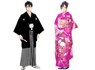 紋付き羽織と袴を着用した男性と振袖姿の女性（振袖ピンク）