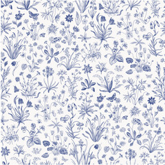 Millefleurs. Seamless pattern. Vintage vector botanical illustration. Blue and white - 692030434