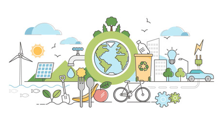 Eco friendly outline concept clean environment illustration, transparent background. Sustainable bio food, power or transportation to save planet or reduce global warming.