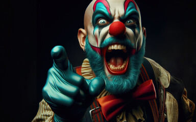A portrait of an angry crazy clown from a horror film with a hammer. Halloween, carnival. - obrazy, fototapety, plakaty