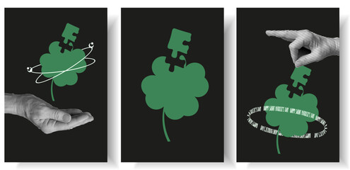 Set Geometry shapes in neon green color. 3D puzzle Clover, Saint Patrick's day elements in trendy psychedelic rave style. 00s Y2k retro halftone aesthetic. Patrick concept. Vector for social media