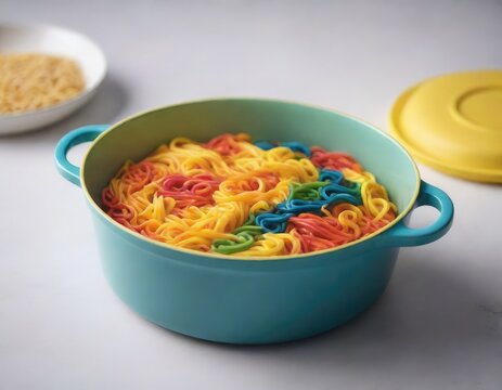 A pot of colorful rainbow noodles on the table. Generative AI.