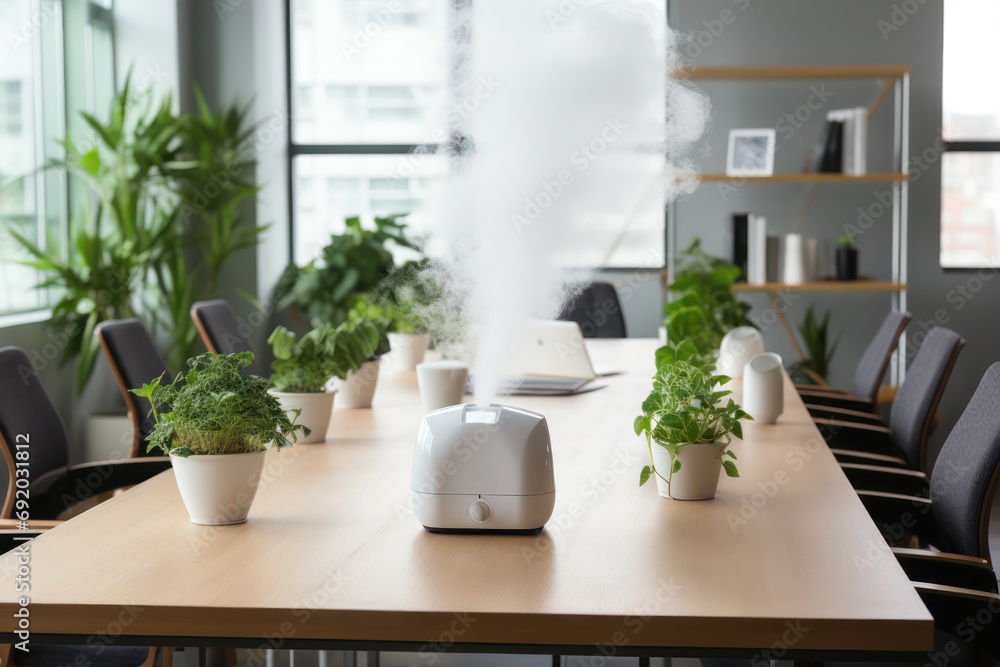 Poster humidifier placed on an office table - creating a comfortable and hydrated environment.