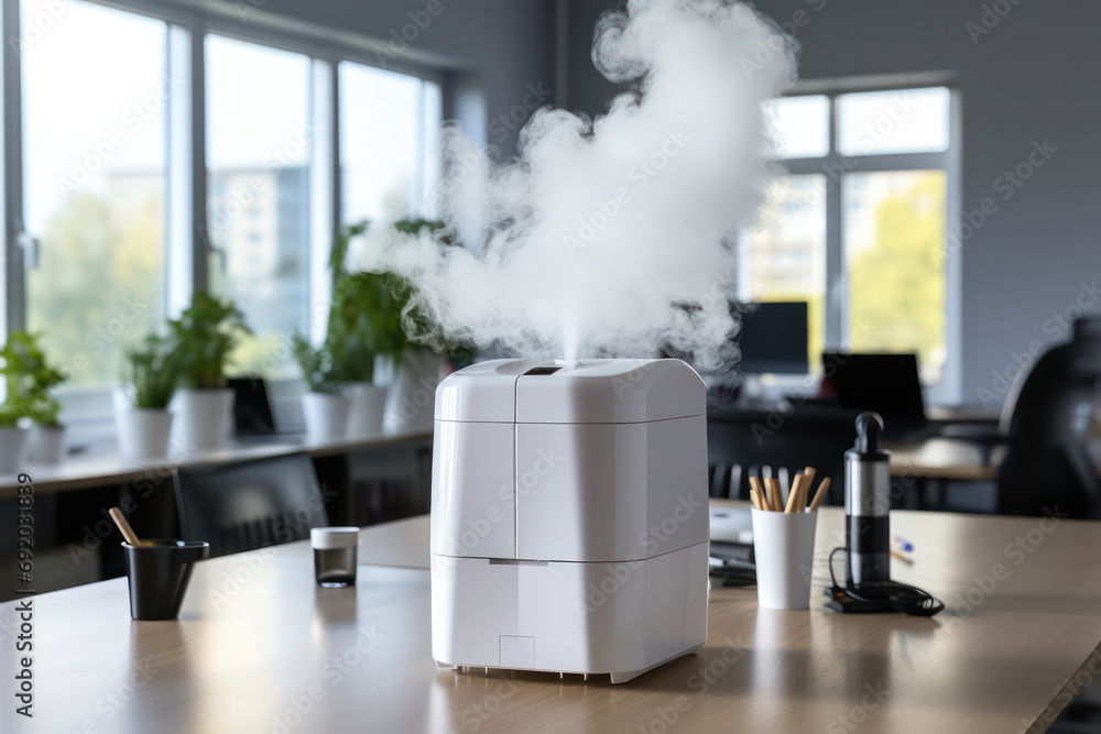 Poster humidifier placed on an office table - creating a comfortable and hydrated environment.