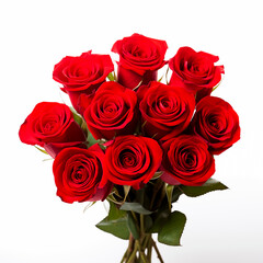 Vibrant red roses bouquet on white backdrop.
