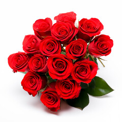 Vibrant red roses bouquet on white backdrop.
