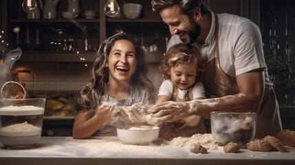 A happy family bonding in a cheerful kitchen with dough.