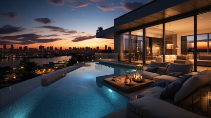 Luxury Modern Villa Boasts a Rooftop Pool, Offering Sunset Views Overlooking the Skyline. - obrazy, fototapety, plakaty