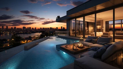 Fototapete Luxury Modern Villa Boasts a Rooftop Pool, Offering Sunset Views Overlooking the Skyline. © pkproject