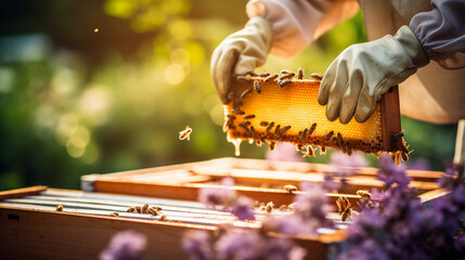 Honey Harvest. Beekeeper Collecting Honey from Hive Frames