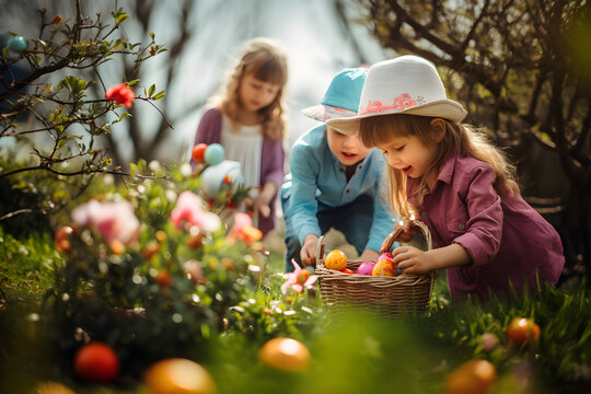 Kinder suchen draußen nach Ostereiern, Ostern, Frühling, erstellt mit generativer KI