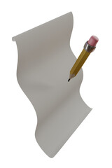A simple pencil with an eraser and a sheet of blank curved paper. Isolated 3D illustration. Education and business.