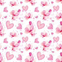 Pink hearts. Hand drawn watercolor seamless pattern of hearts. Valentine's Day. February 14th. The winter holidays. February. Law of couples. Love. Pink background. Texture. Spring. Flowers