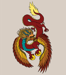 Japanese red dragon tattoo.Dragon on red background for Chinese New Year.Gold Chinese Dragon vector.Gold line art King Dragon tattoo.cartoon vector for t-shirt.Dragon frying vector for new year 2024.