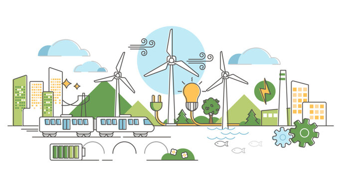 Wind energy illustration, transparent background. Green alternative power in outline concept. Air turbines producing electricity and supplies town.