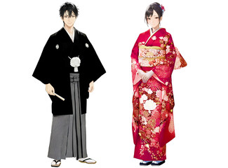 紋付き羽織と袴を着用した男性と振袖姿の女性（振袖赤）