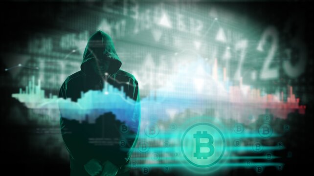 hooded male hacker and crypto currency concept