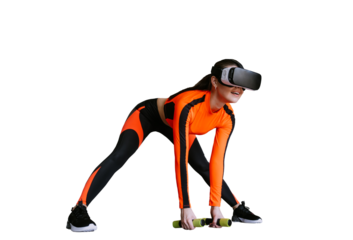 Young brunette American Woman in sportswear and virtual reality headset training with dumbbells against transparent background. Fit fitness model in vr glasses training, improving endurance
