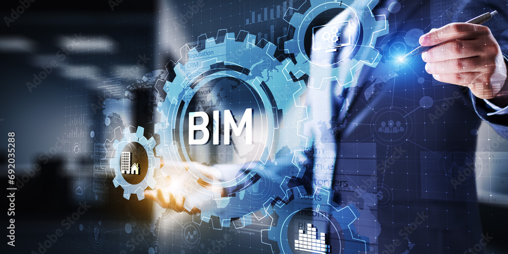 Poster bim building information modeling technology concept on virtual screen.