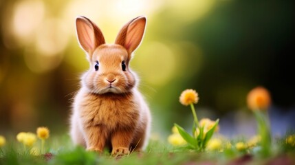 Banner of a cute, fluffy Easter bunny sees on a lawn with green grass and flowers. Spring background.
