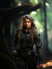 Fototapeta premium Beautiful young girl in full length military uniform with weapon in hands