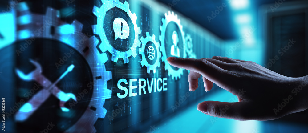 Poster service support customer help call center business technology button on virtual screen.